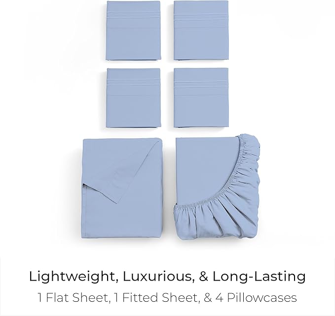 Mellanni King Sheet Set - 6-Piece Iconic Collection Bedding, (Including 4 Pillowcases), 21-Inch Extra Deep Pocket, Easy Care, Ultra Soft, Cooling Sheets, Brushed Microfiber - Sky Blue