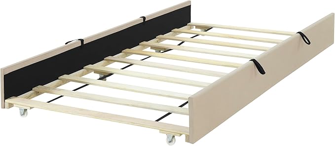 Twin Size Bed Frame with Trundle Bed,Velvet Upholstered Bed Frame,Twin Size Trundle Bed with Headboard,Upholstered Platform Bed Twin for Kids Teens Adults(Beige)