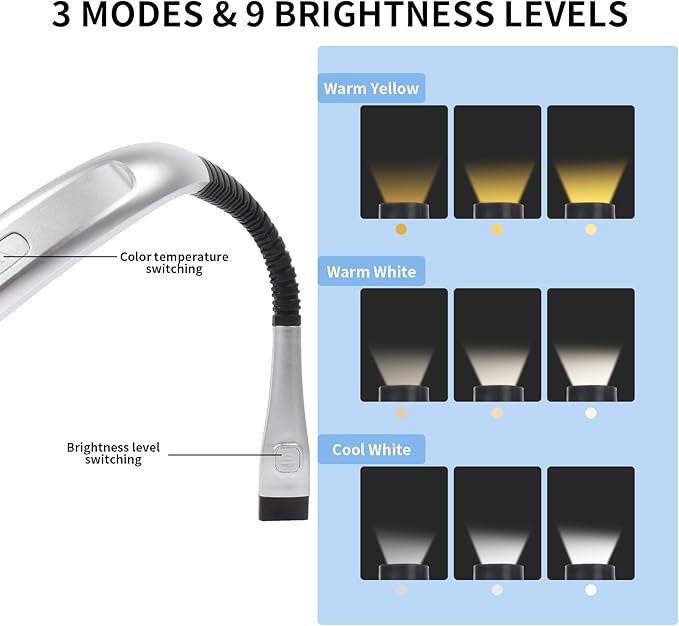Book Light, 3-Color & 9-Brightness Reading Light, Bendable Neck Light, 80-hr Lasting Rechargeable Lamp, Perfect Book Light for Reading in Bed, Knitting, Camping (Argent, Classic)