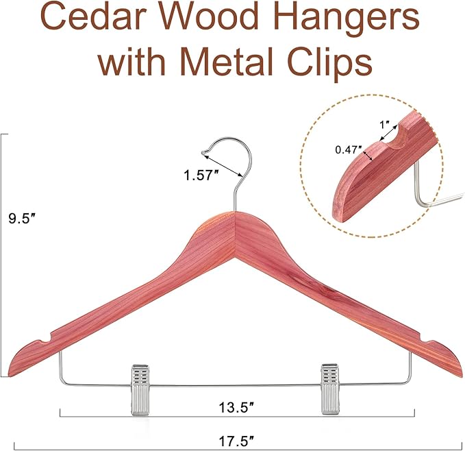TOPIA HANGER American Red Cedar Wooden Hangers with Adjustable Metal Clips and 360° Swivel Hook, Premium Wood Clothes Hangers 10 Pack for Suit, Pant, Skirt, Jeans, Coat, Jacket-CT28C