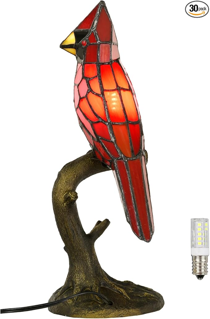 Cardinal Tiffany Style Accent Table Lamp in Height 14.5" Overall, Handmade Stained Glass Red Bird Lamp for Bedside Livingroom Bedroom Home Decoration (Red Cardinal)