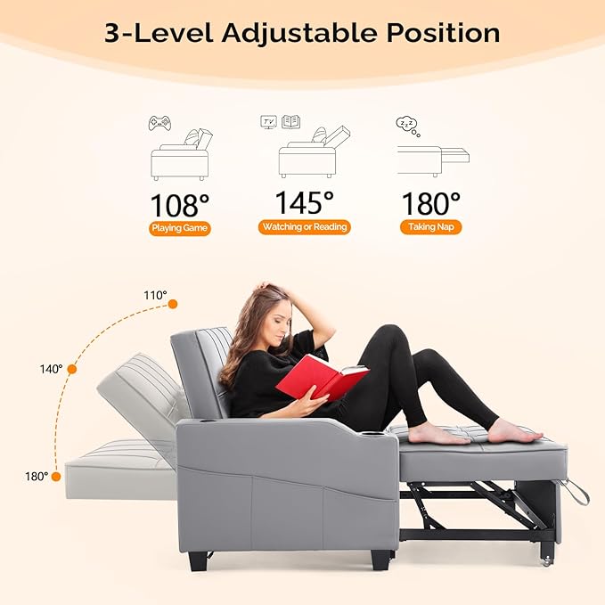 VINGLI Light Grey Futon Sofa Bed Convertible Loveseat Sleeper Couch, Faux Leather Pullout Sofa Fold Out Couch Bed with USB Ports, Cup Holders, Armrest for Living Room, Bedroom Apartment Room