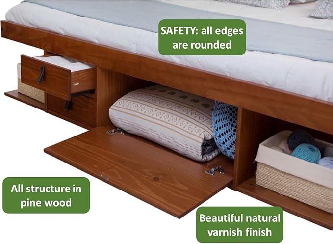 memomad Bali Storage Platform Bed with Drawers (Queen Size, Caramel Brown Wood)