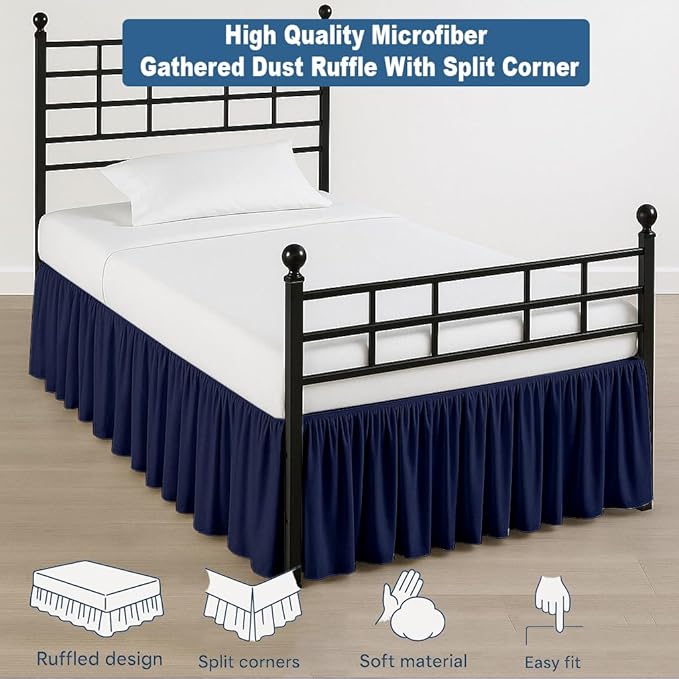 Ruffled Bed Skirt Split Corners with Platform, Tailored Fit Hotel Quality Wrinkle Free Ultra-Soft Microfiber Dust Ruffle, Upto 18 Inch Drop, Full, Navy Blue