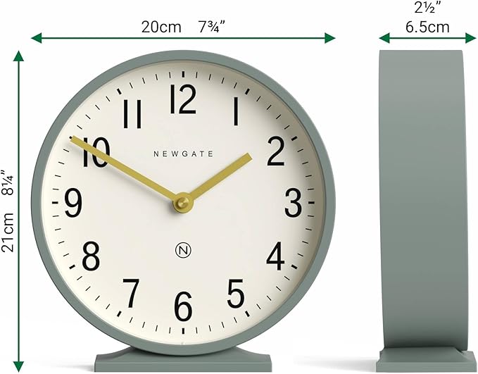 NEWGATE® Q Mantel Clock | Modern Classic Round Mantel Clock | Asparagus Green | Contemporary Style for Mantel, Desk, Table, Shelf or Bedside