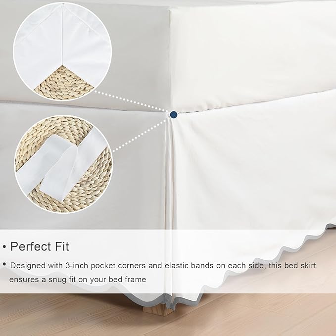 HIG Off-White Chic Full Bed Skirt - Easy Fit Scallop Edge Pleated Bedskirts, 14 Inch Drop Anti-Slip Dust Ruffle, Thick Fabric for Enhanced Privacy, Pre-Washed for Long-Lasting Use(N60022)