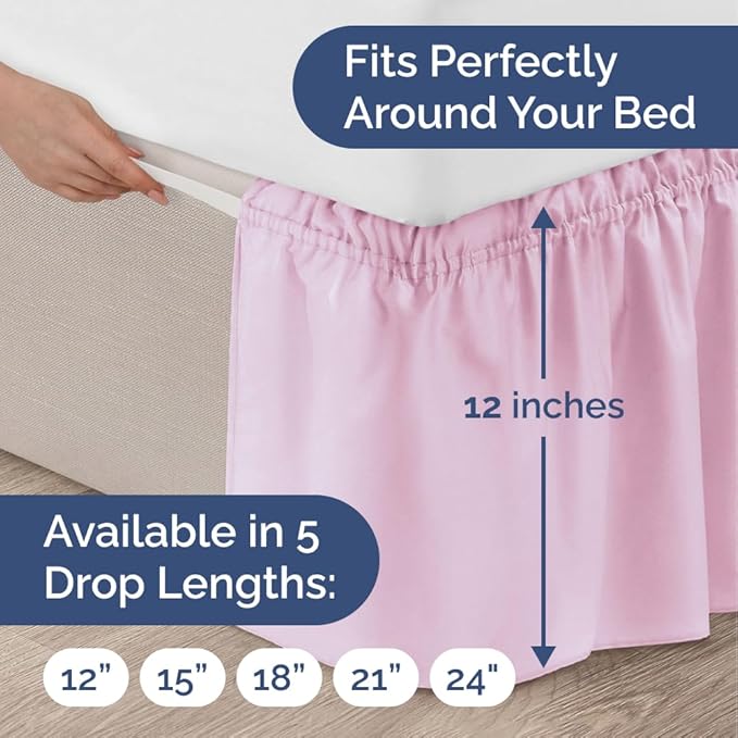 Wrap Around Dust Ruffle Bed Skirt - Light Pink - for King Size Beds with 12 Inch Drop - Elastic Strap - Adjustable Pleated Bedskirt with Brushed Fabric and Wrinkle Free - for Women, Men, Kids & Teens