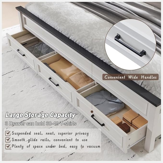 ACCOHOHO Farmhouse King Size Bed Frame with 52" Tall Headboard, Wood Platform Bedframe with Footboard and Storage Drawers, No Squeak, No Box Spring Needed, White