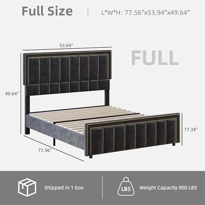 BarnFurin Full Size Bed Frame with 50" Tall Headboard and Footboard, Chenille Upholstered Platform Bed, Vertical Channel Tufting with Nailhead Trim, No Box Spring Needed, Easy Assembly, Black