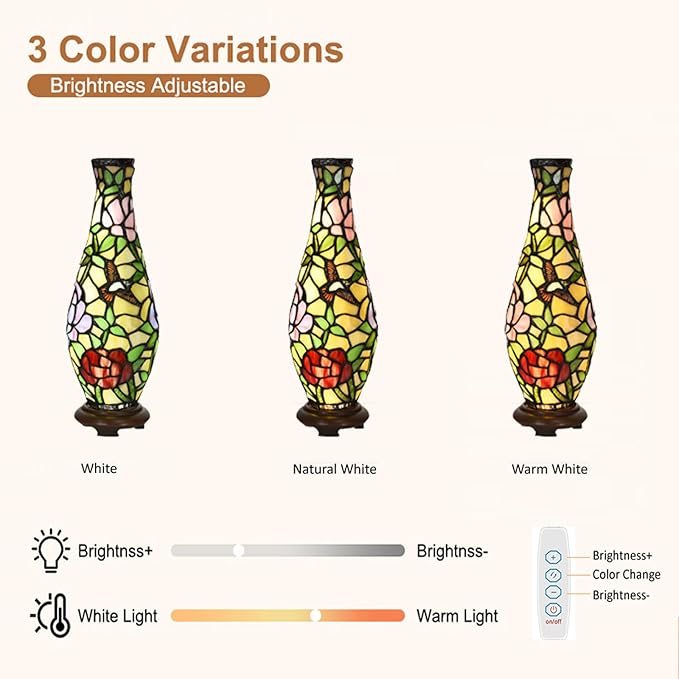A0010 Tiffany Style Vase Table Lamp LED with 3 Lighting Modes and 10 Brightness Dimming, Handmade Stained Glass Accent Lamp for Bedside Livingroom Bedroom Home Decoration