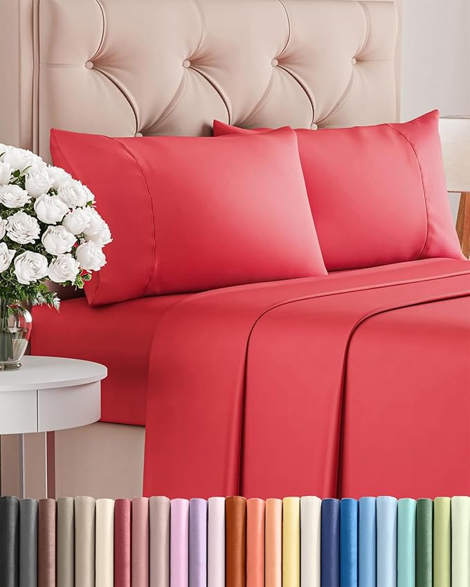 Twin 4 Piece Sheet Set - Cooling, Comfy & Breathable - Hotel Luxury Bedding - Includes Fitted Sheet for Women, Men, Kids and Teens - 1 Flat, 1 Fitted Sheet, 2 Pillowcases with Deep Pockets - Red
