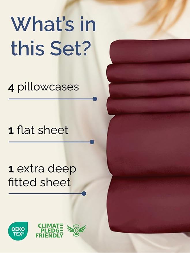 Extra Deep Full Sheet Set - 6 Piece Breathable & Cooling Sheets - Hotel Luxury Bed Sheets Set - Easy & Secure Fit - Soft, Wrinkle Free & Comfy Sheets Set - Burgundy Sheet Set with Extra Deep Pockets