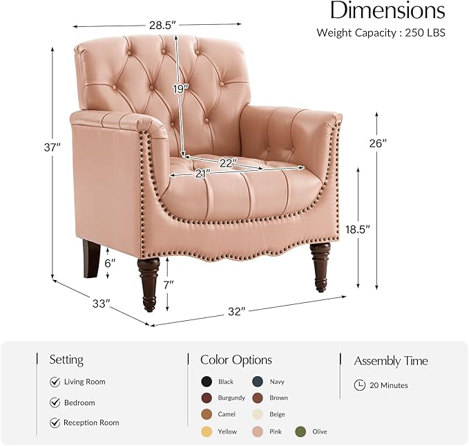 HULALA HOME Mid Century Modern Leather Club Chairs, Top-Grain Genuine Leather Armchairs with Button-Tufted Back & Solid Wood Legs, Accent Chairs for Living Room/Bedroom/Home Office, Pink