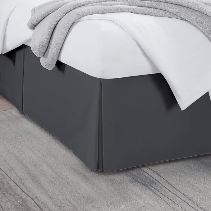 Twin Bed Skirt, Luxury 15 Inch Drop Dark Grey Pleated Bed Skirt, Double Brushed Microfiber, Box Pleat Design, Wrinkle & Fade Resistant, Easy Fit Tailored Bedskirt for Twin Size Beds