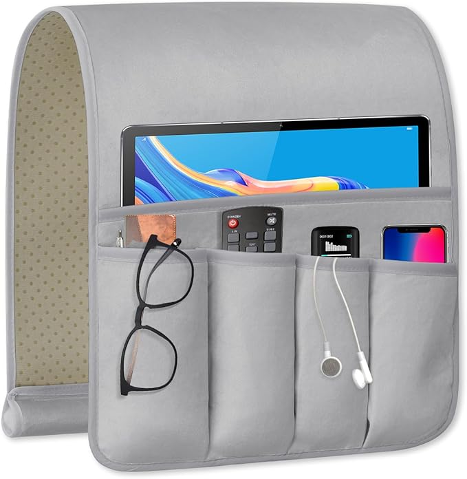 Remote Control Holder for Armchair, Couch Caddy Organizer TV Remote Holder for Bed Storage 5 Pockets, Remote Caddy Bedside Organizer Bedside Table Organizer (LightGray, 35"x12.4")