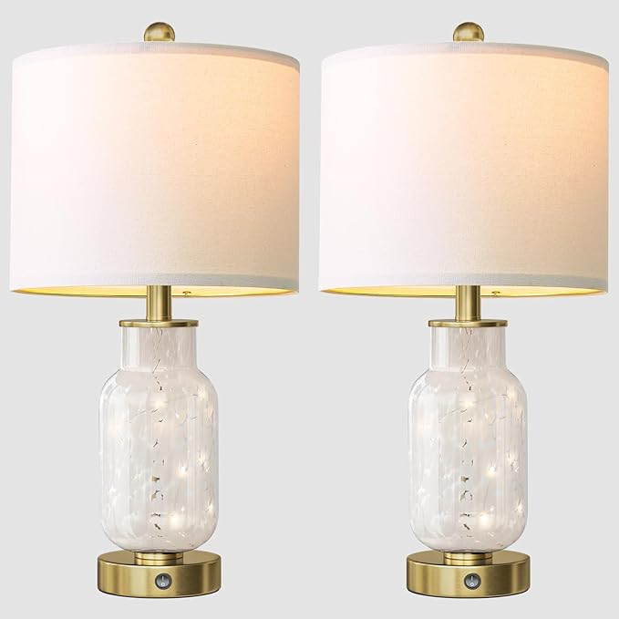 Oneach 22" Glass Table Lamps Set of 2, White Modern Bedside Lamp with LED Night Light for Living Room, Nightstand Lamp with USB Ports for Bedrooms, Study Room, End Table(2 Bulbs Included)
