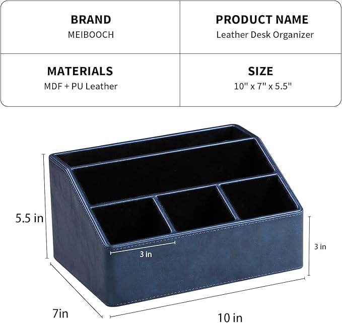 MEIBOOCH PU Leather Desk Organizer, Luxury Remote Control Holder for Home, Office Desk Accessories Table Caddy Bedside Nightstand Organizer (Dark Blue)