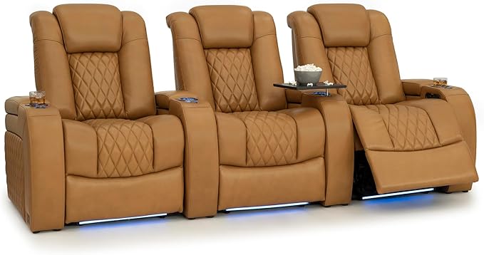 Seatcraft Diamante Zero-Gravity CoolZero Italian Leather Home Theater Seating, Power Headrest, Power Recline, Row of 3, Tan Oak