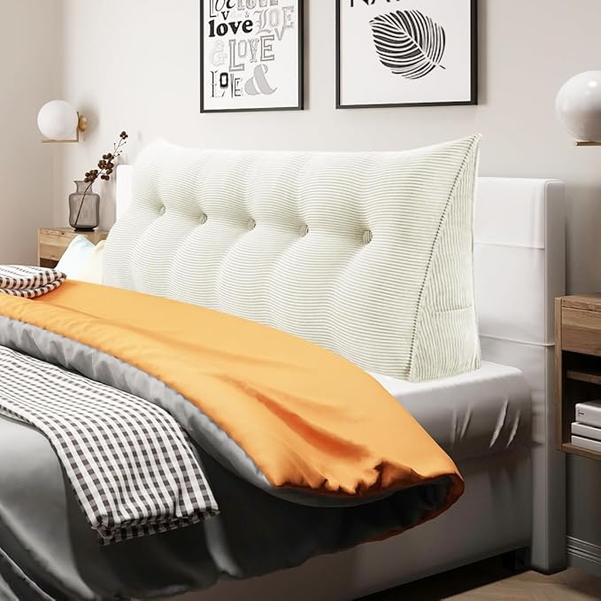 WOWMAX 100% Cotton Corduroy Headboard Pillow – Queen Size Back Support Reading Wedge for Bed & Daybed, Plush Handmade Bolster Cushion with Removable Cover, Cozy Bed Rest Pillow, White