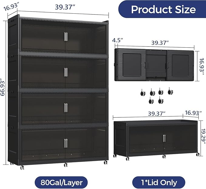 320GAL Extra Large Storage Bins with Lid, 1280QT Collapsible Organizer with Wheels, Stackable Closet Cabinet with Doors, Folding Storage Containers for Home, Office, Kitchen, 4Pack Black