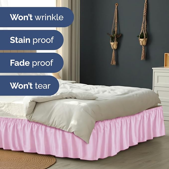 Wrap Around Dust Ruffle Bed Skirt - Light Pink - for Queen Size Beds with 21 Inch Drop - Elastic Strap - Adjustable Pleated Bedskirt with Brushed Fabric and Wrinkle Free - For Women, Men, Kids & Teens