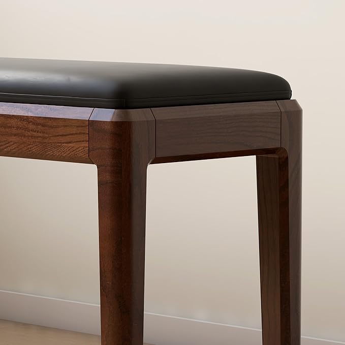 55.1'' Leather Upholstered Dining Bench with 100% Solid Oak Wood Bench Frame, 13.8'' Widened Padded Bed End Bench Ottoman for Kitchen Living Room Bedroom Entryway, Black