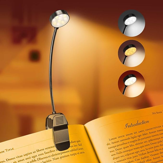 Rechargeable Book Light for Reading in Bed, Eye Caring Book Reading Lamp with 10 LED Modes,1.3 oz Lightweight Portable Clip on Light, 360° Adjustable Clamp Light Perfect for Readers