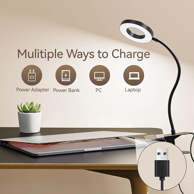 GARMESE LED Desk Lamp Clip on Light with 3 Color Modes 10 Brightness Ring/Clamp Light 360° Adjustable Neck Dimmable Eye Protection Desk Lamps for Home Office