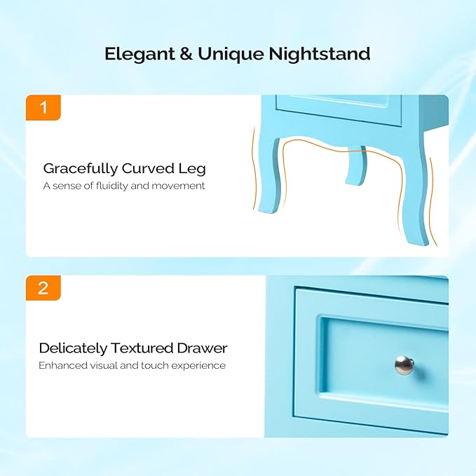 Bonnlo Nightstand Set of 2, Nightstands with 2 Drawers, Blue Nightstand, Bed Side Table/Night Stand, Small Nightstands for Bedroom, Small Spaces, College Dorm, Kids’ Room,Living Room, Wood,16W*12D*24H