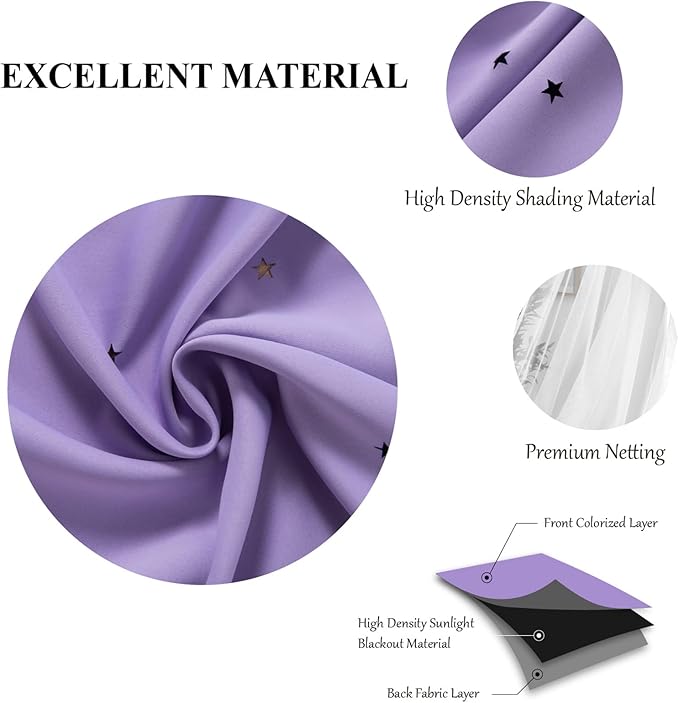Star Double Layer Blackout Curtains for Bedroom, Kids - Cute, 72 Inch Long, 2 Panels Set, Purple, 42 x 72 Inches