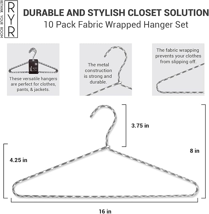 Clothes Hangers 30 Pack – Space Saving Fabric & Metal Hangers, Non-Slip Pant & Coat Hangers, Room Essentials, Closet, Durable Wardrobe Storage for Shirts, Suits & Pants – Grey/White