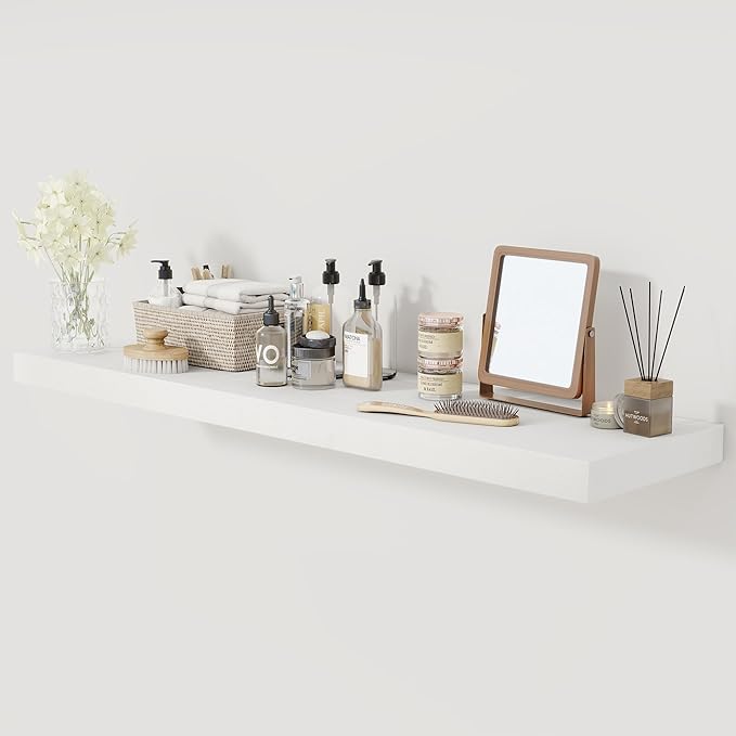 Fun Memories Farmhouse Floating Shelves for Wall, 48 x 9.3 Large Floating Shelf Wall Mounted, Rustic Wood Shelves for Bathroom, Kitchen, Living, Heavy-Duty Storage Deep Shelf for Books, Decor, White