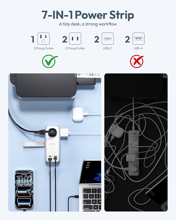 NTONPOWER 100W GAN Ultra Travel Power Strip, 7-in-1 USB C Charging Station with 3 Outlets 4 USB (2 Fast Charge)& 5ft Extension Cord, Compact Desktop Charger for MacBook, iPhone, Cruise, Office, White