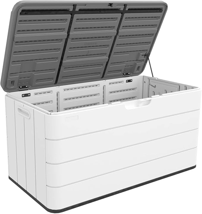 100 Gallon Outdoor Storage Box Waterproof Lockable Resin Deck Box Large, Patio Storage Bin for Pool Accessories Cushion Furniture, Garden Tools, UV-Resistant Outside Delivery Black&White