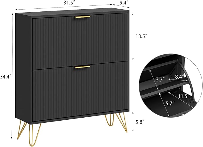 Shoe Cabinet with 2 Flip Drawers, Fluted Black Shoe Storage Cabinets, Hidden Shoe Cabinet Storage for Entryway Slim, Modern Freestanding Shoe Rack Organizer, Black