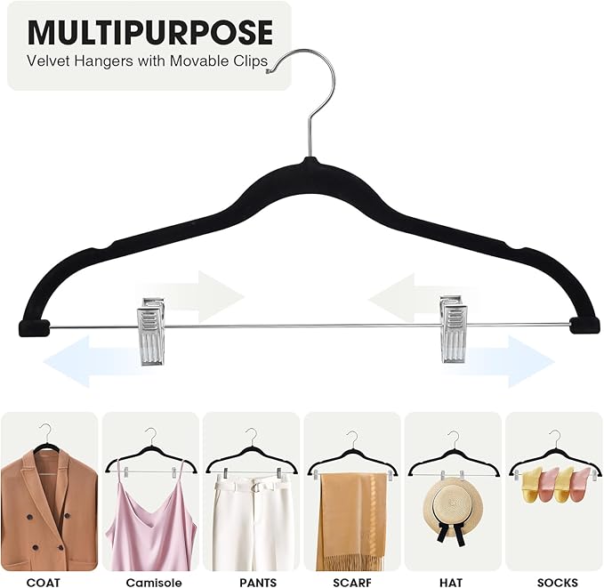 36-Pack Black Velvet Hangers with Clips Adjustable,Adult Hangers,Heavy-Duty,Felt,Non-Slip,Space Saving,Slim Outfit Hanger for Pants, Skirts, Suits,Coats, Dresses ect.