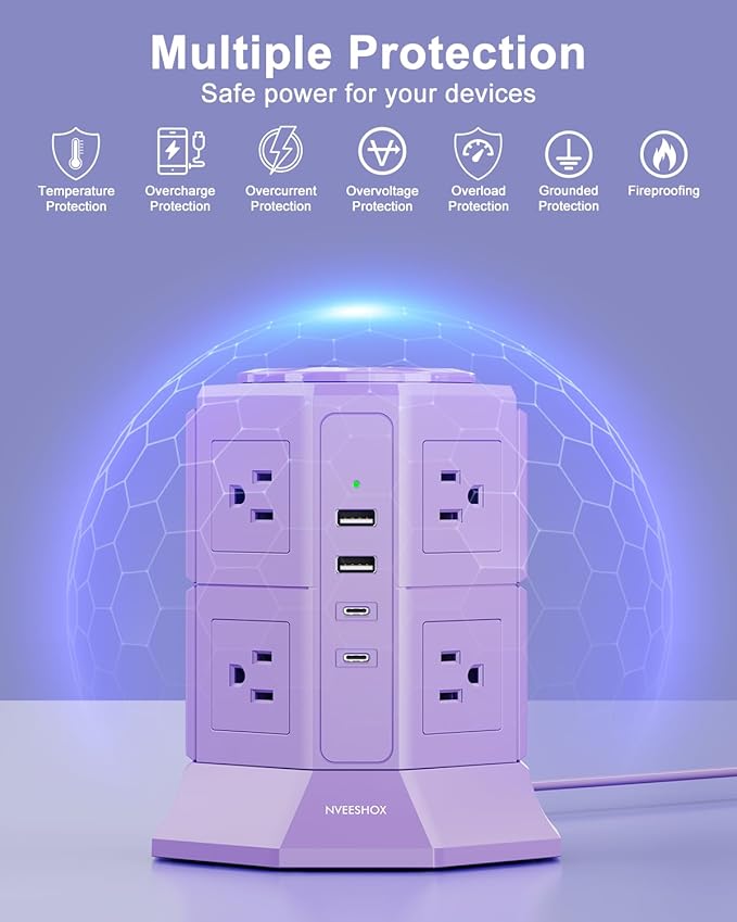 Flat Plug Power Strip Tower with 8 Outlets 4 USB Ports (2 Type C), Surge Protector Power Strip with 6.5 FT Extension Cord, Outlet Extender Charging Station with Multiple Outlets for Home Office Dorm