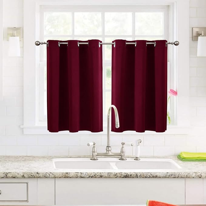 ChrisDowa Small Window Curtains for Kitchen and Bedroom - Grommet Short Thermal Insulated Room Darkening Curtains (2 Panels, Burgundy Red, 36 x 24 Inch)