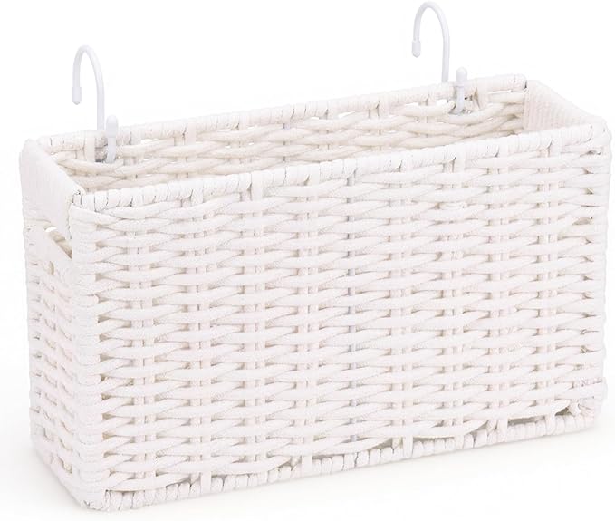 Cotton Rope Woven Bedside Caddy for Dorm Bed, Foldable Bedside Shelf Bunk Bed Accessories, College Dorm Room Essentials Hanging Organizers Storage Basket, Room Decor Magazine File Holder (White)