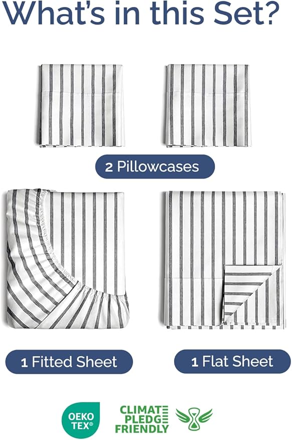 Extra Deep Twin Sheet Set - 4 Piece Breathable and Cooling Sheets - Hotel Luxury Bed Sheets Set - Easy Fit - Soft, Wrinkle Free and Comfy Sheets Set - Grey Striped Sheet Set with Extra Deep Pockets