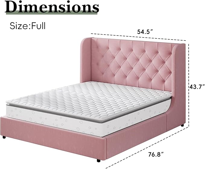 Full Bed Frame, Pink Velvet Upholstered Bed Frame Full with Headboard and Wide Wingback, Sturdy Wooden Slats Support, No Box Spring Required, Noise Free, Easy Assembly, Pink