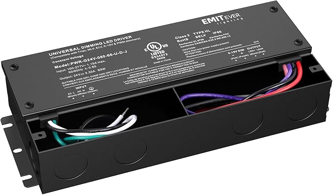 EMITEVER Dimmable Led Driver, 80W AC 110V-277V to DC 24V Transformer, 5-in-1 Dimming: ELV/MLV/TRIAC / 0-10V / 1-10V / 10V PWM/Potentiometer,Class 2,Waterproof IP67 and UL Listed，Class 2