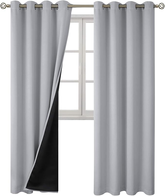 BGment Thermal Insulated 100% Blackout Curtains for Bedroom with Black Liner, Double Layer Full Room Darkening Noise Reducing Grommet Curtain (55 x 96 Inch, Light Grey, 2 Panels)