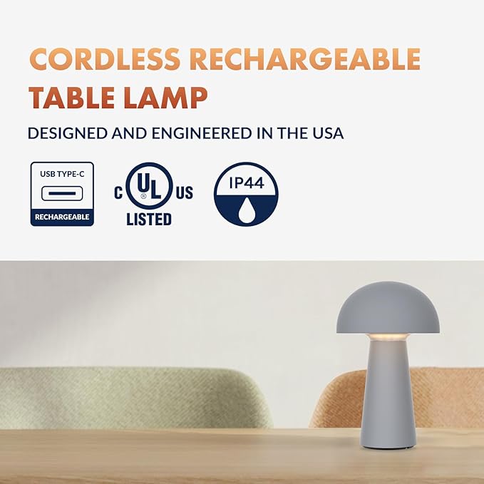 ‎Newhouse Lighting Capri, Fog Gray 2700K Dimmable Cordless USB-C Rechargeable Table Lamp NHTL-CA-GY, Cordless Desk Lamp for Living Room, Bedroom, Coffee Table, and Other Cozy Home Decor