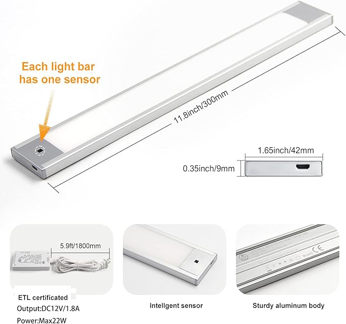 VST Hand Wave Activated Under Cabinet Lights Plug in, Closet Lights, Stepless Dimming Lighting for Kitchen Shelf Cupboard Closet Workbench (12in 3Pack 4000K)