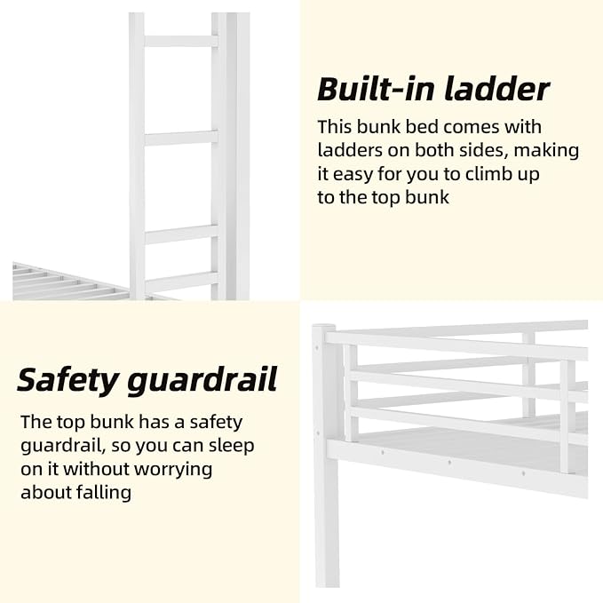 Queen Over Queen Bunk Bed Frame, Heavy Duty Metal Loft Bed for Adults/Teens, 400/600LB Capacity w/Ladder & Guardrail, Noise-Free Steel Slats, No Box Spring Required, White