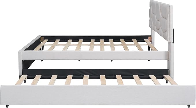 Full Size Upholstered Platform Bed with Twin Size Trundle, Headboard w/Brick Pattern, Wood Slat Support Included, for Boys Girls Kids Teens Adult,Beige
