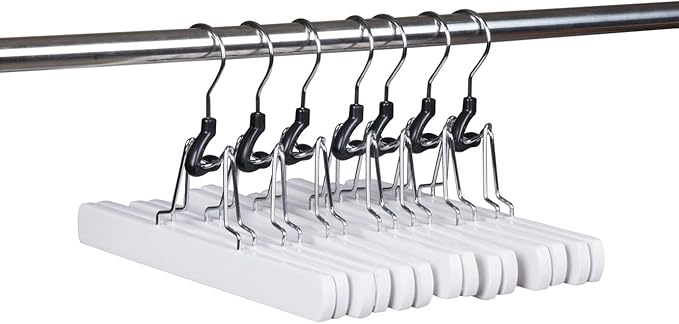 Amber Home 10 Pack White Wooden Pants Hangers, Wood Clamp Hangers with Non Slip Padded Velvet, Jeans/Slacks Hangers Hair Extension Hangers for Skirts, Trousers, Wigs (White, 10)
