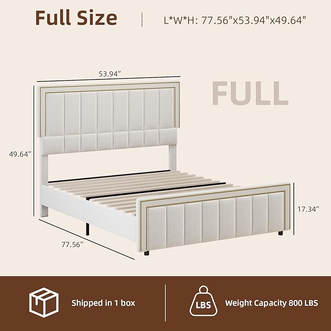 BarnFurin Full Size Bed Frame with 50" Tall Headboard and Footboard, Chenille Upholstered Platform Bed, Vertical Channel Tufting with Nailhead Trim, No Box Spring Needed, Easy Assembly, Beige