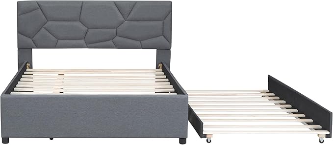 Full Size Bed Frame with Twin Size Trundle,Linen Upholstered Platform Bed Frame Full with Brick Pattern Headboard,Wood Slat Support Included,No Box Spring Needed,Easy Assembly,Gray